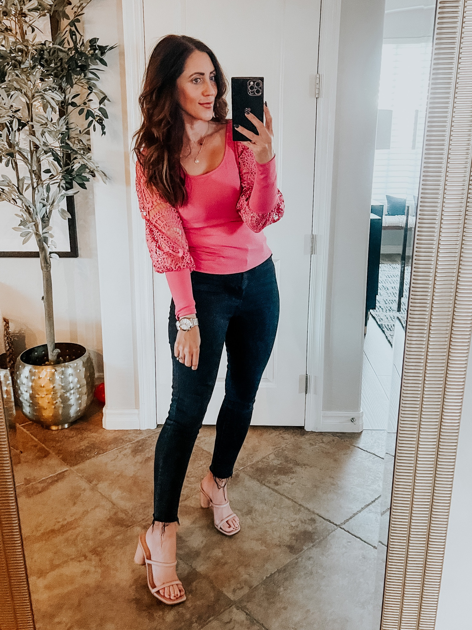 Valentine’s Day outfit idea // pink ribbed knit lace sleeve top // pink statement sleeve top with crochet detail 💕 // wearing size small, but size up if in between. It’s pretty fitted with some stretch though! 

#LTKunder50 #LTKstyletip #LTKFind