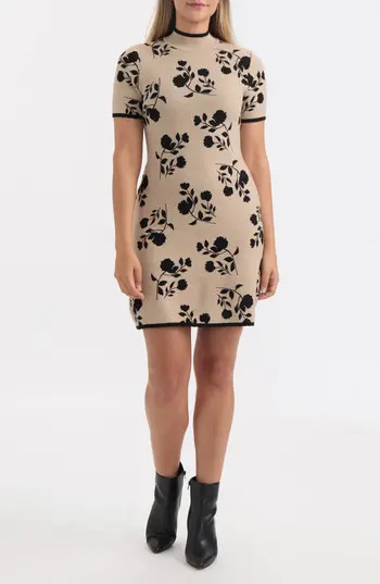 Ellen Tracy Floral Jacquard Short Sleeve Sweater Dress in Camel Mix Floral Twilight at Nordstrom Rack, Size X-Large | Nordstrom Rack