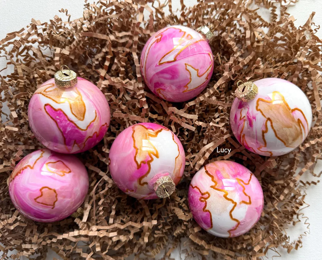 Hand-painted Pink Marbled Christmas Ornaments: Shatterproof, Gold Topped, Set of 6 - Etsy | Etsy (US)