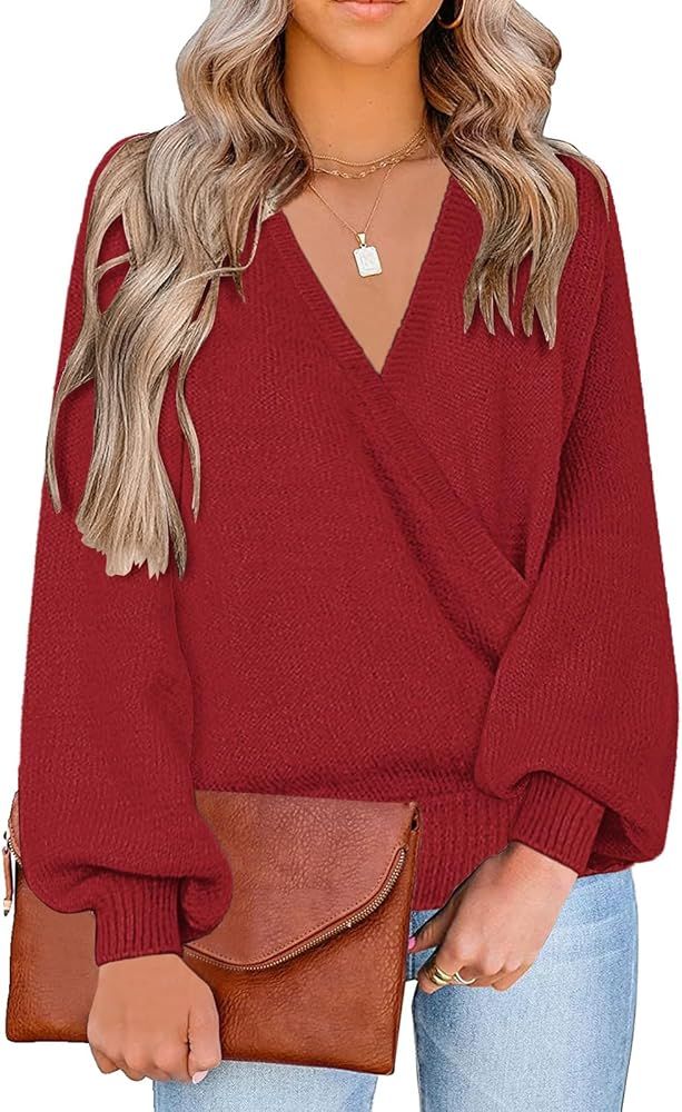 LookbookStore Women's Knit Long Sleeve Faux Wrap Surplice V Neck Sweater Top | Amazon (US)