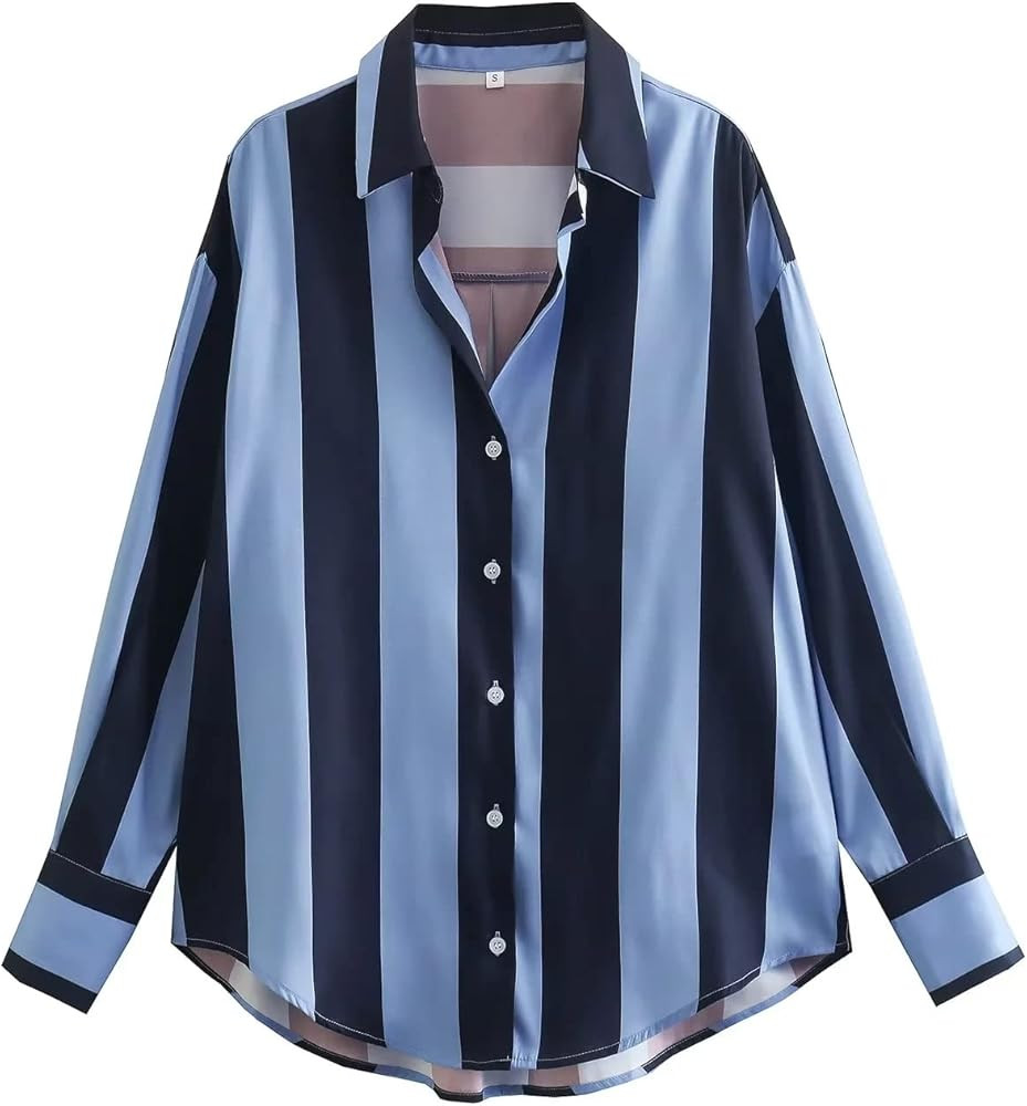Satin Button Down Shirts for Women Long Sleeve Silky Pinstripe Casual Blouse Summer Top | Amazon (US)