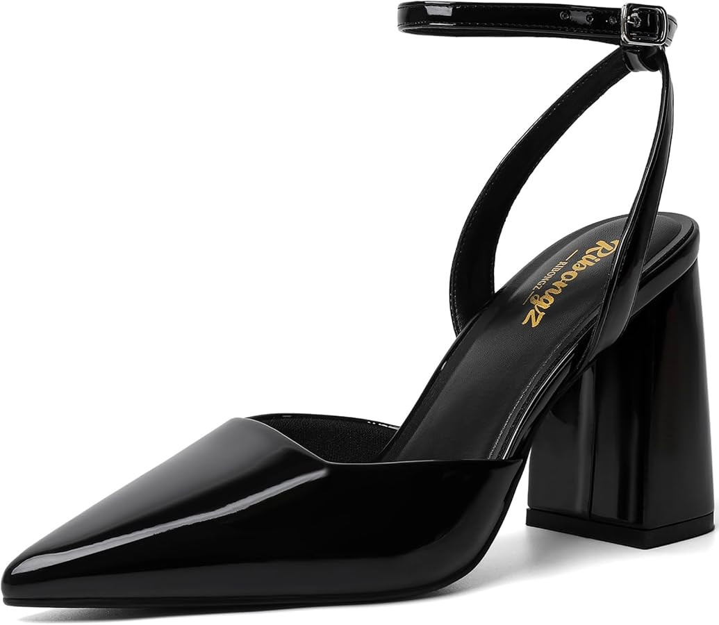 RIBONGZ Block Heels for Women Closed Pointed Toe Heeled Slingback Chunky High Heel Ankle Strap Pu... | Amazon (US)