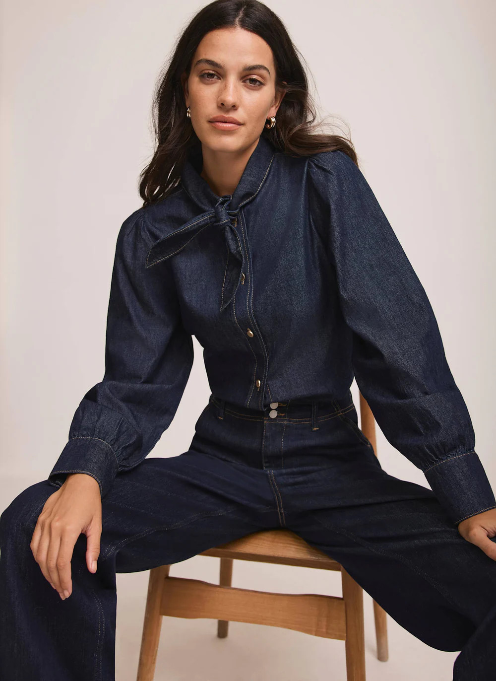 Dark Indigo Tie Neck Denim Shirt | Mint Velvet