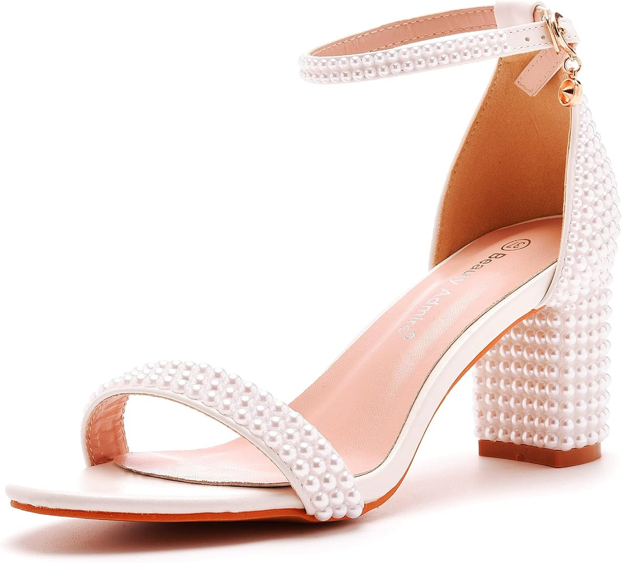 2.95'' Full Pearls Block Heels Sandals Peep Toe Rhinestone Women's Chunky Heel Pump Shoes For Bri... | Amazon (US)