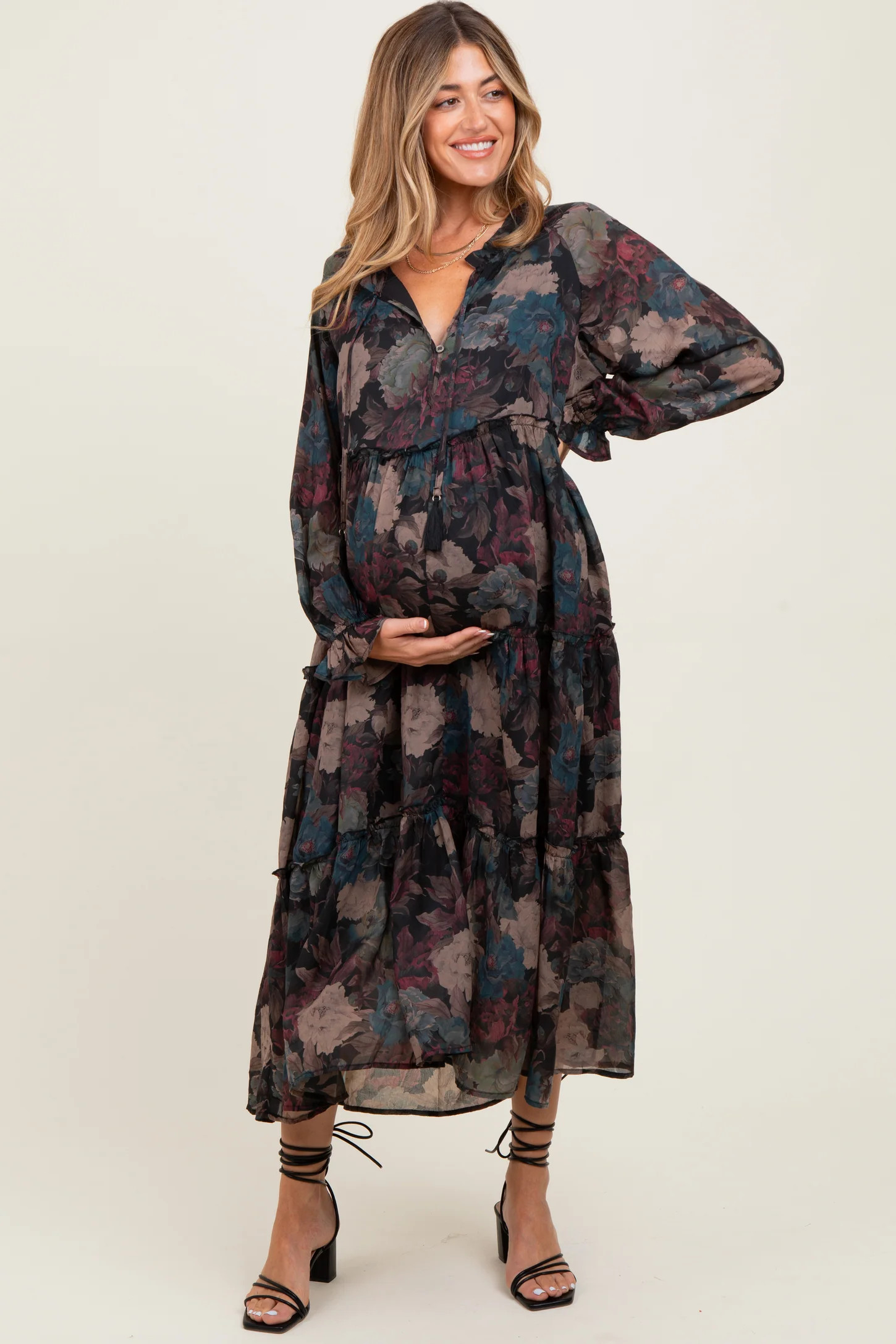 Black Floral Chiffon Ruffle Tiered Maternity Midi Dress | PinkBlush Maternity