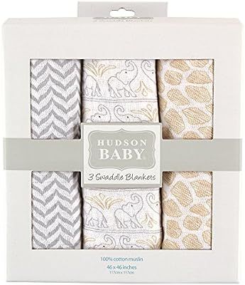 Hudson Baby Unisex Baby Cotton Muslin Swaddle Blankets, Elephant 3-Pack, One Size | Amazon (US)