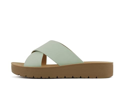 Soda LUCY ~ Women Open Toe Flatform Platform Crisscross Band Upper Fashion Slide Sandals (Light Green Nubuck, 6) | Amazon (US)