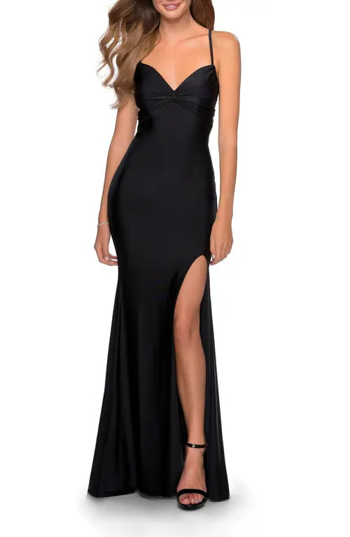 La Femme Form Fitting Dress with Ruched Bow Bodice in Black at Nordstrom, Size 12 | Nordstrom