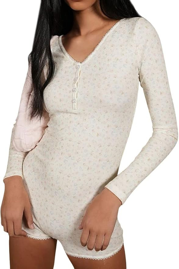 Y2k Waffle Long Sleeve Romper Lace Trim Bodycon Floral Print Shorts Pajama One Piece Bodysuit Jum... | Amazon (US)