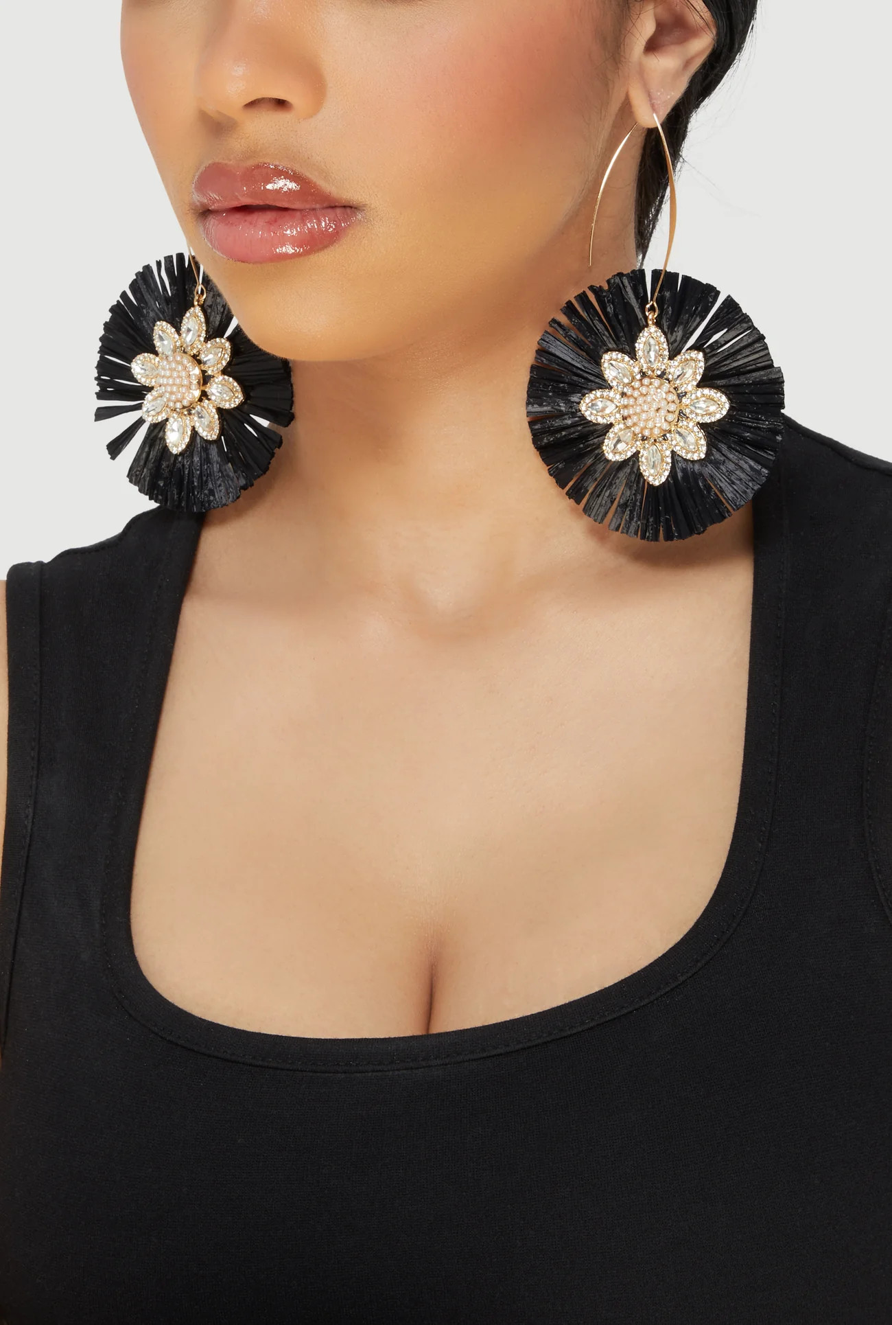 Faux Pearl Rhinestone Studded Raffia Flower Drop Earrings | Rainbow Shops