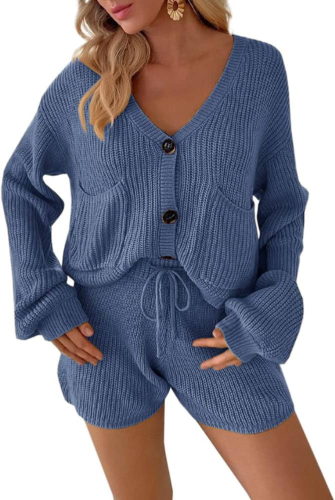 Womens 2 Piece Sweater Sets Long Sleeve V Neck Chunky Knit Cardigan Sweatsuit and Drawstring Shorts | Amazon (US)