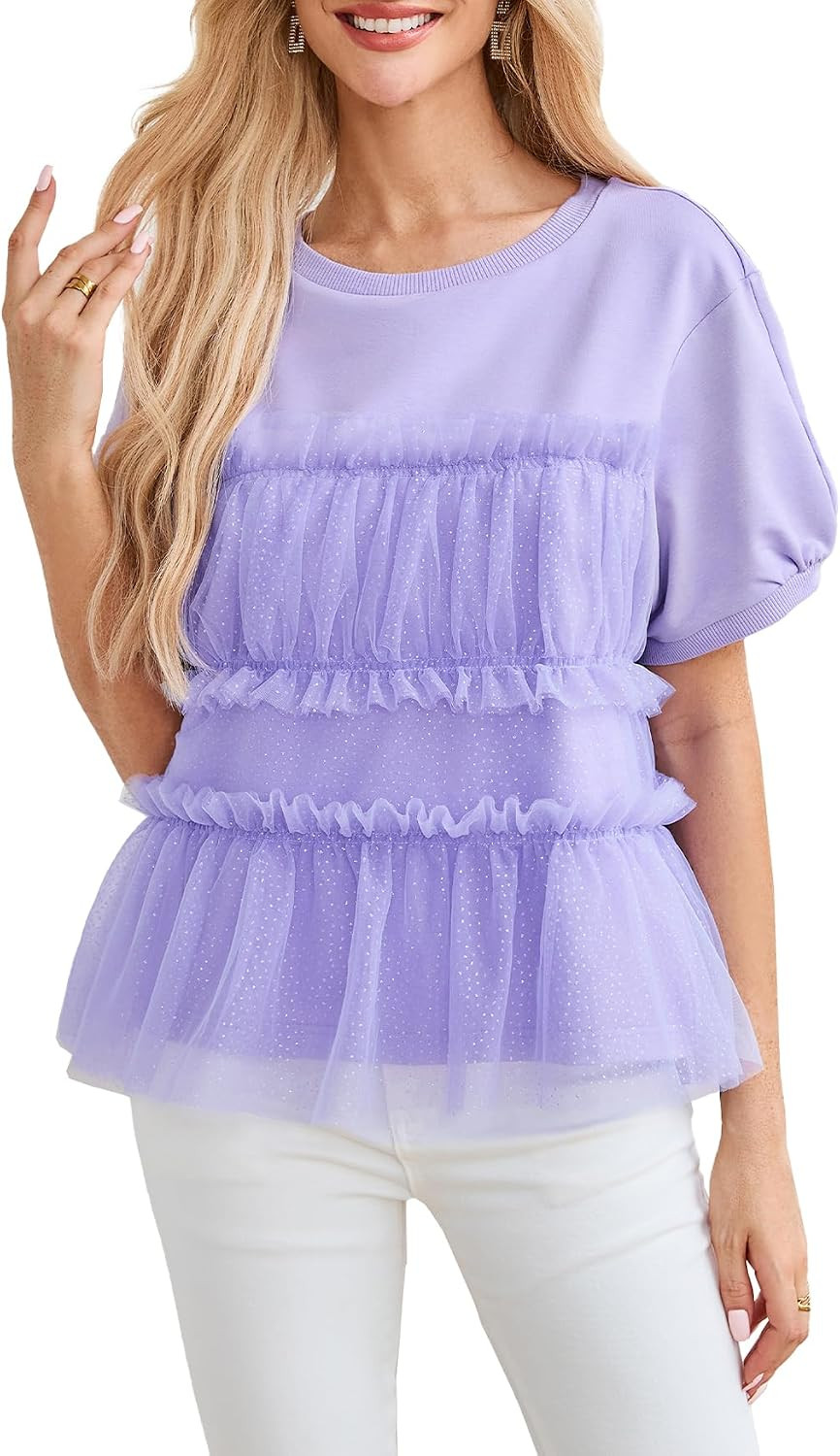 Women Crewneck Short Sleeve Glitter Tulle T-Shirt Mesh Patchwork Loose Top | Amazon (US)