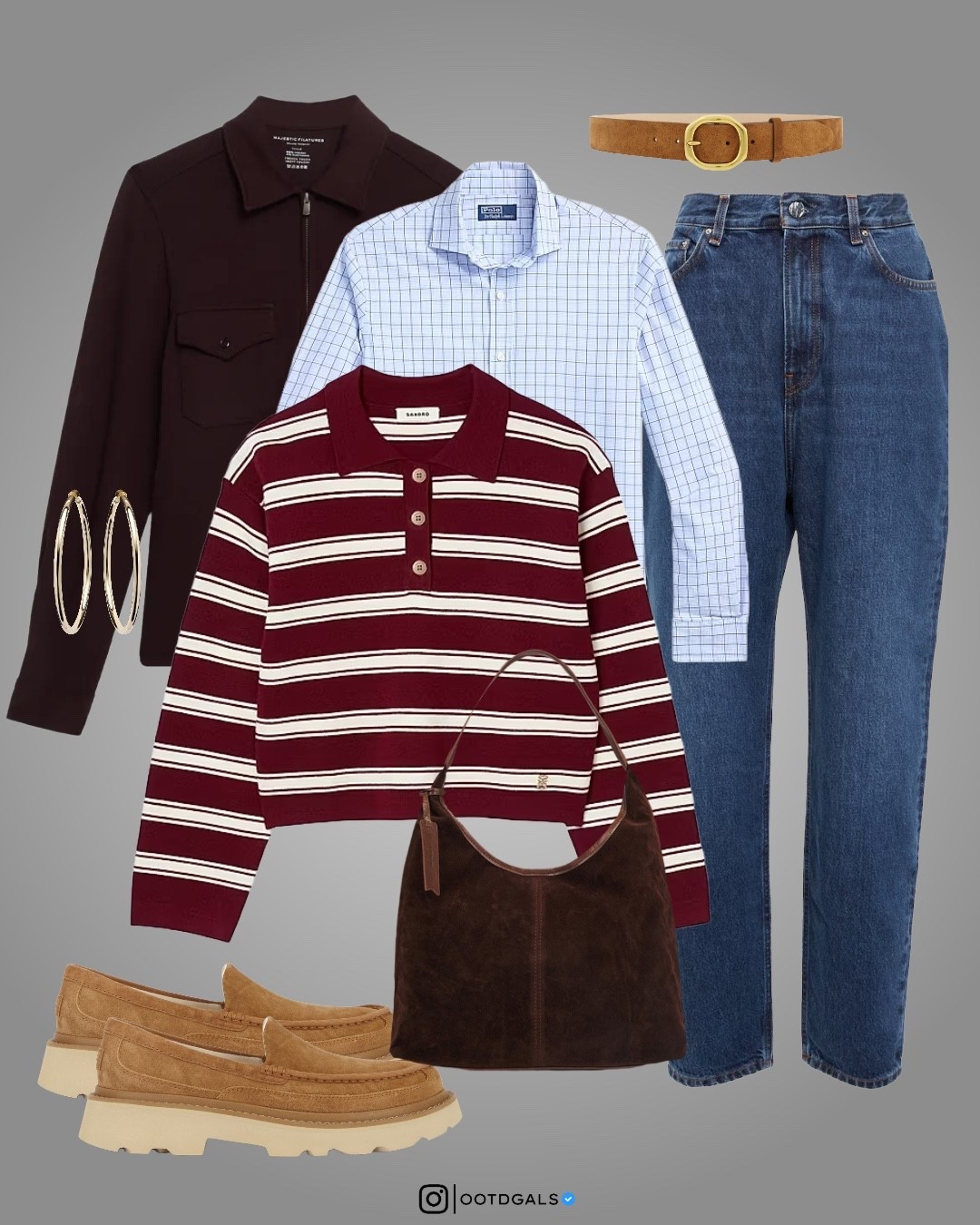 Smart Casual Fall Outfit | Striped Polo + Denim 🍂
A relaxed yet polished take on smart casual fall dressing. 🍁
This look layers a classic striped polo sweater over a checked button-down shirt, styled with structured denim and soft neutral loafers for effortless everyday style.

The deep tones and textures — burgundy, camel suede, and chocolate brown — make it a perfect blend of comfort and sophistication.

✨ Style Notes:
– Ideal for off-duty days or casual Fridays
– Combines preppy layers with quiet luxury tones
– Balanced and wearable for US & EU fall seasons

🛍️ Shop the full look:
• Burgundy striped polo sweater
• Blue checked button-down shirt
• Classic straight-leg denim
• Brown overshirt
• Camel suede loafers
• Chocolate brown suede shoulder bag
• Gold hoop earrings

#LTKWorkwear #LTKootd #LTKStyleTip
