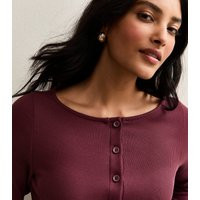 Women's Burgundy Ribbed Button Through Long Sleeve Top New Look | New Look (UK)