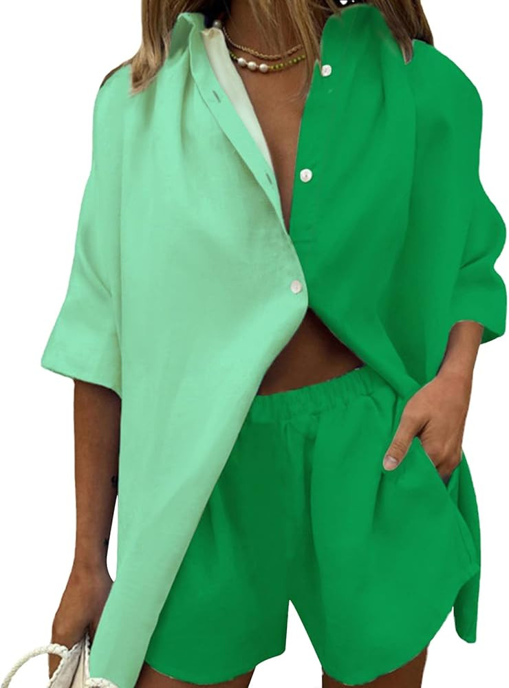 Fixmatti Women 2 Piece Outfit Summer Short Sleeve Top and Shorts Sweatsuit Set | Amazon (US)