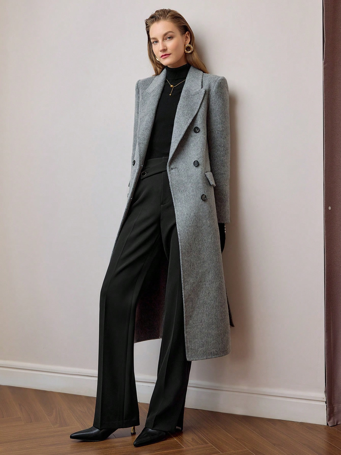 MOTF PREMIUM Wollmantel mit Stehkragen, Doppelreiher, Patte und Gürtel | SHEIN