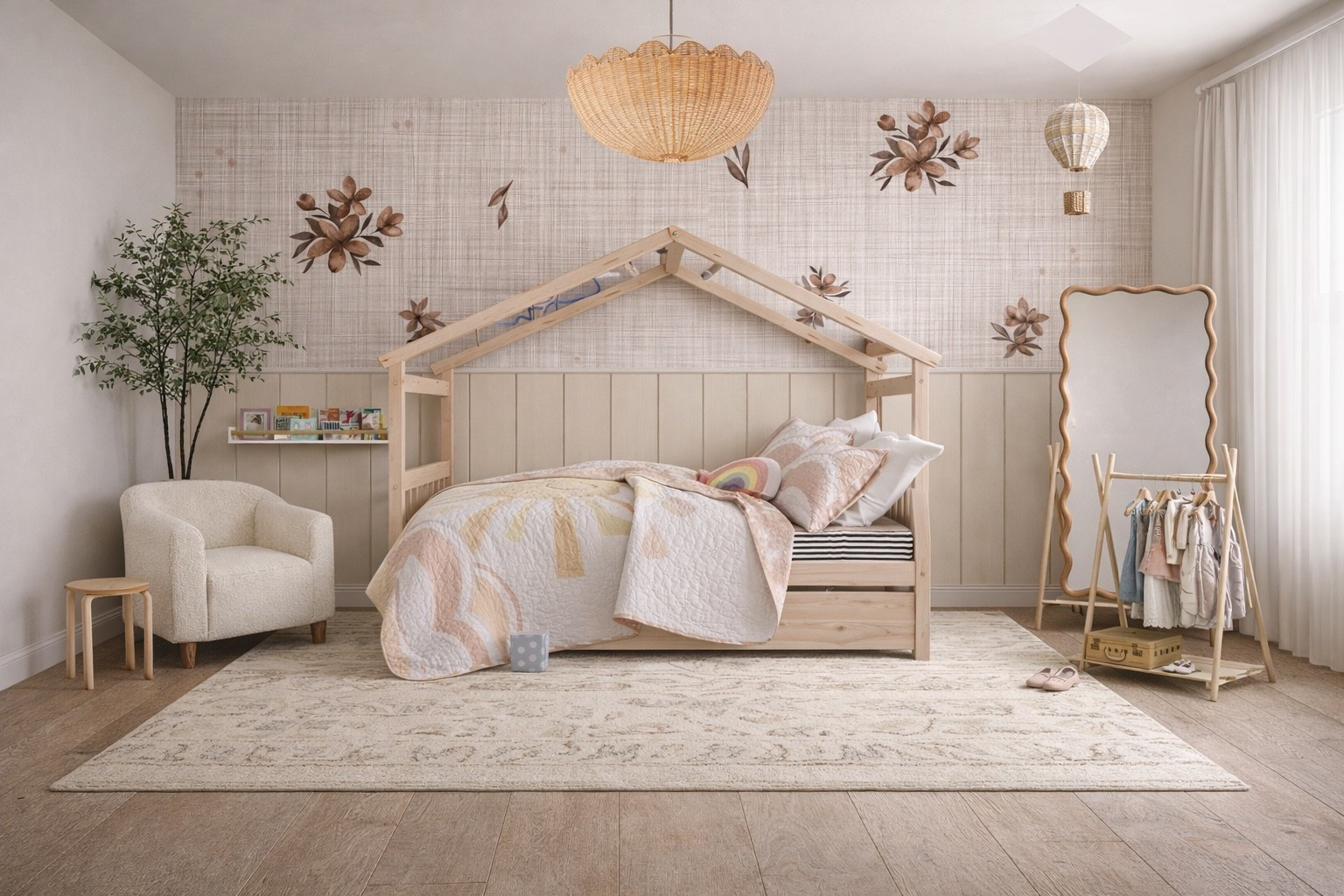 Created my moodboard and then used ChatGPT to render it. Came out beautiful! 

Girl’s bedroom, neutral color palette, organic