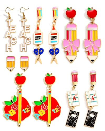 Colorful Teacher Earrings for Women Dangle Drop Pencil Apple Teacher Appreciation Earrings Back To School Christmas Gift Jewelry Set (6 Pairs A) | Amazon (US)