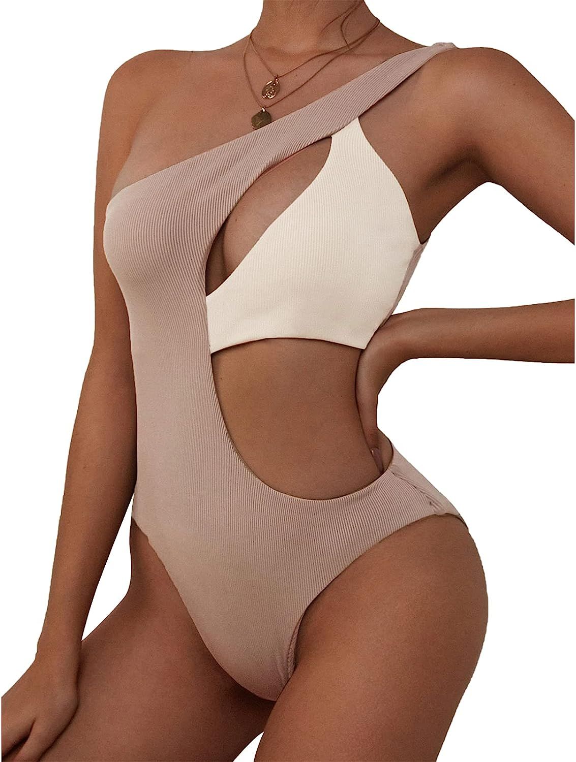 ZAFUL Women's One Shoulder Ribbed Bikini Colorblock Cutout One-Piece Swimsuit Swimwear | Amazon (US)