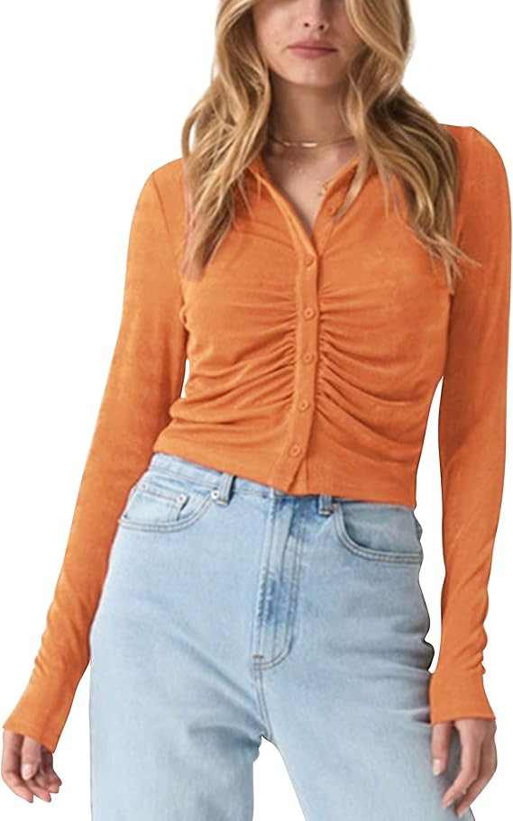 SAFRISIOR Women's Sexy Y2K Ruched Ruffle Buttons Down Collar Long Sleeve Slim Fit Crop Top Tee Sh... | Amazon (US)