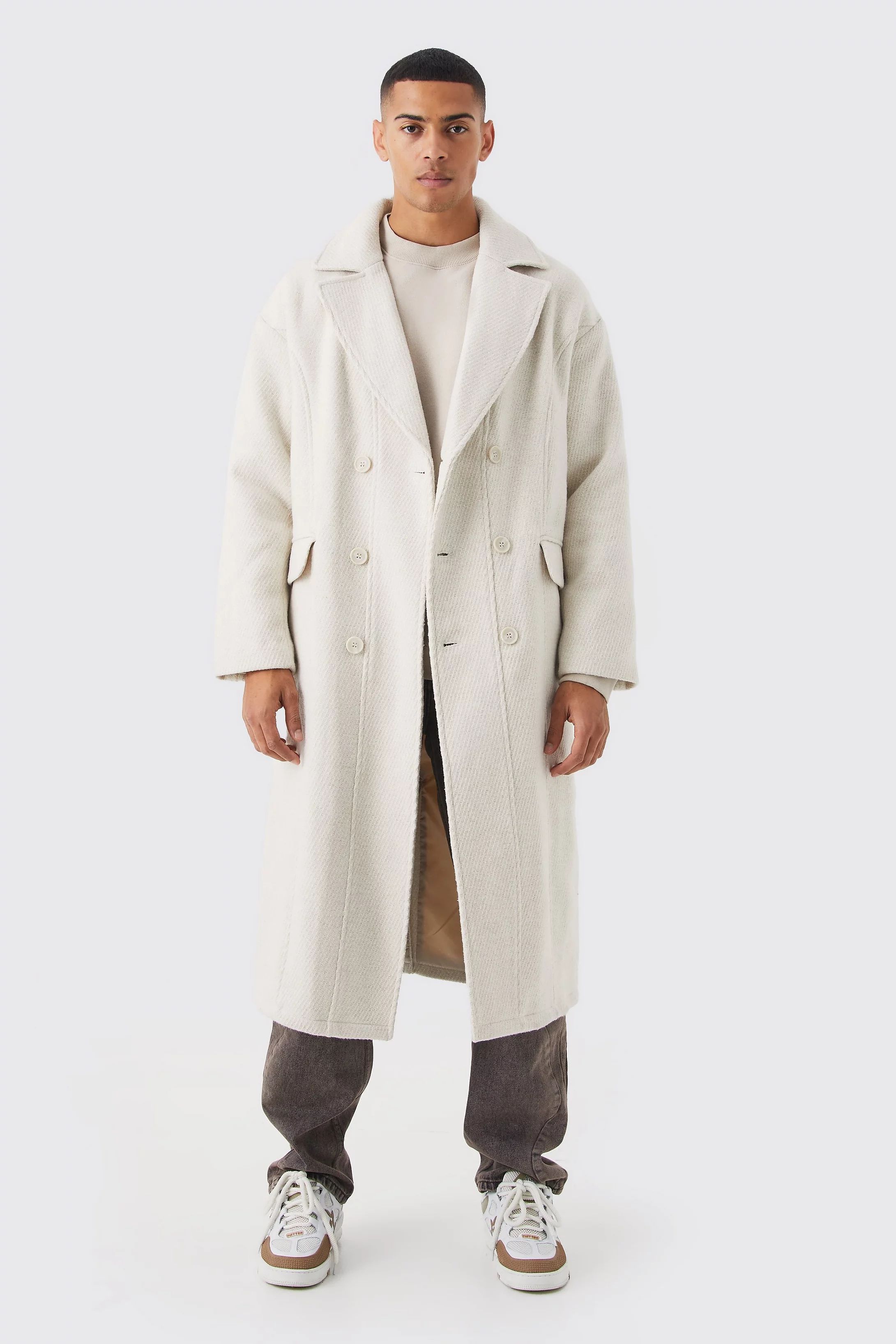 Wool Look Double Breasted Textured Overcoat | boohooMAN (DE, IE & UK)