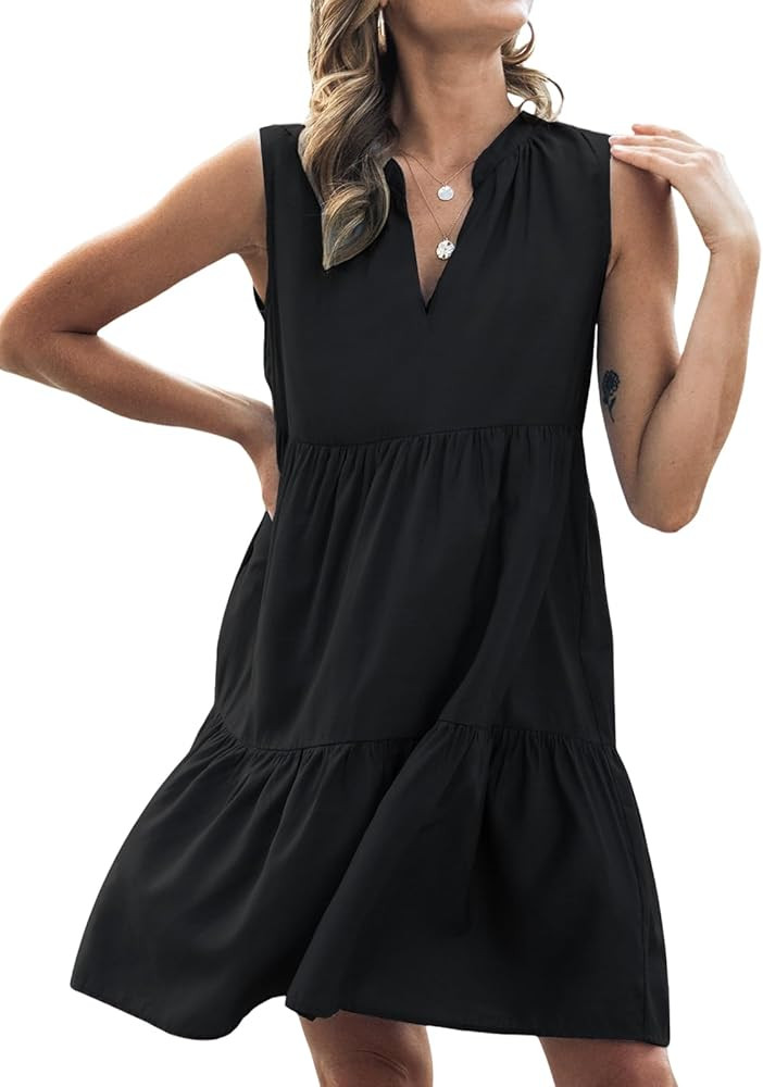 CUPSHE Women's Ruffle Beach Mini Dress Split V Neck A Line Sleeveless Geometric Stripe Tropical L... | Amazon (US)