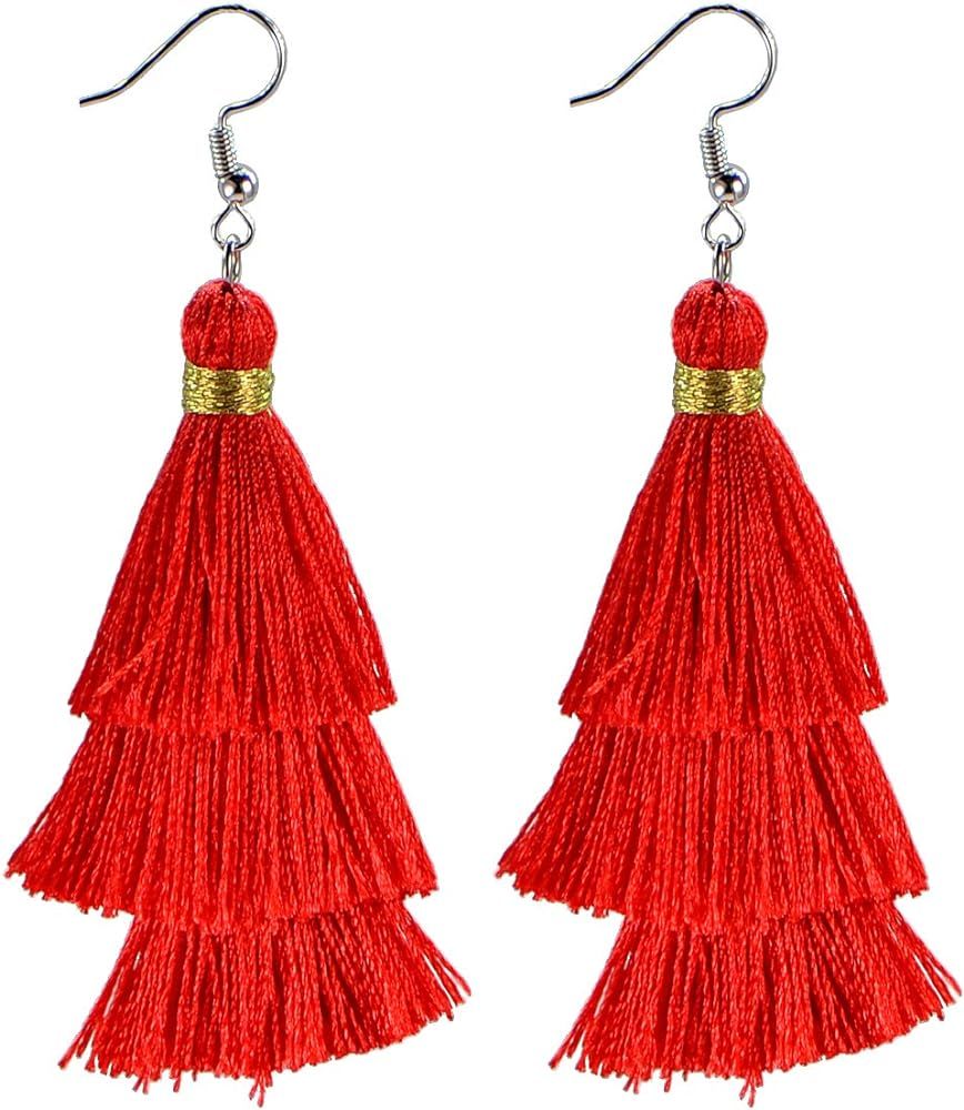 AD Beads Fashion Charm Crystal Silk Tassel 3 Layers Fan Fringe Dangle Earrings designer costume j... | Amazon (US)