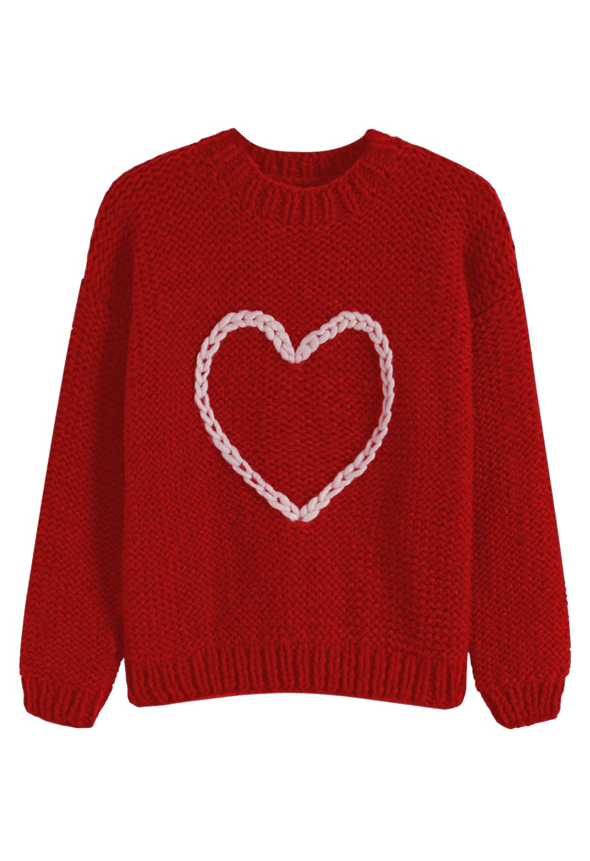 Statement Pinky Heart Chunky Hand Knit Sweater in Red | Chicwish