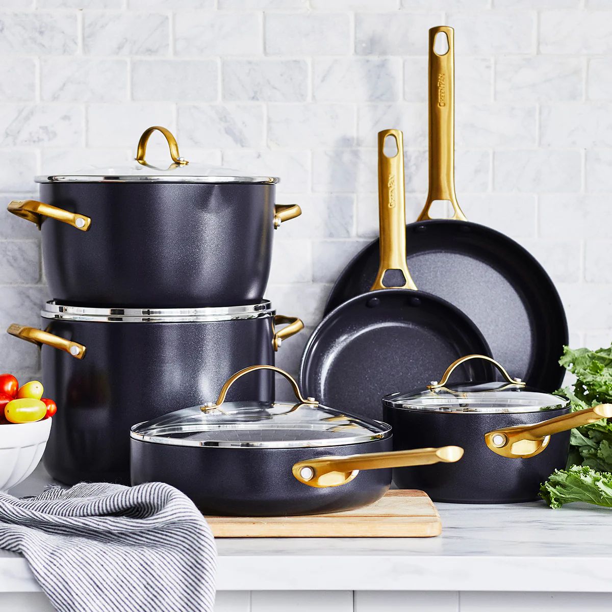 Reserve Ceramic Nonstick 10-Piece Cookware Set | Black with Gold-Tone Handles | GreenPan