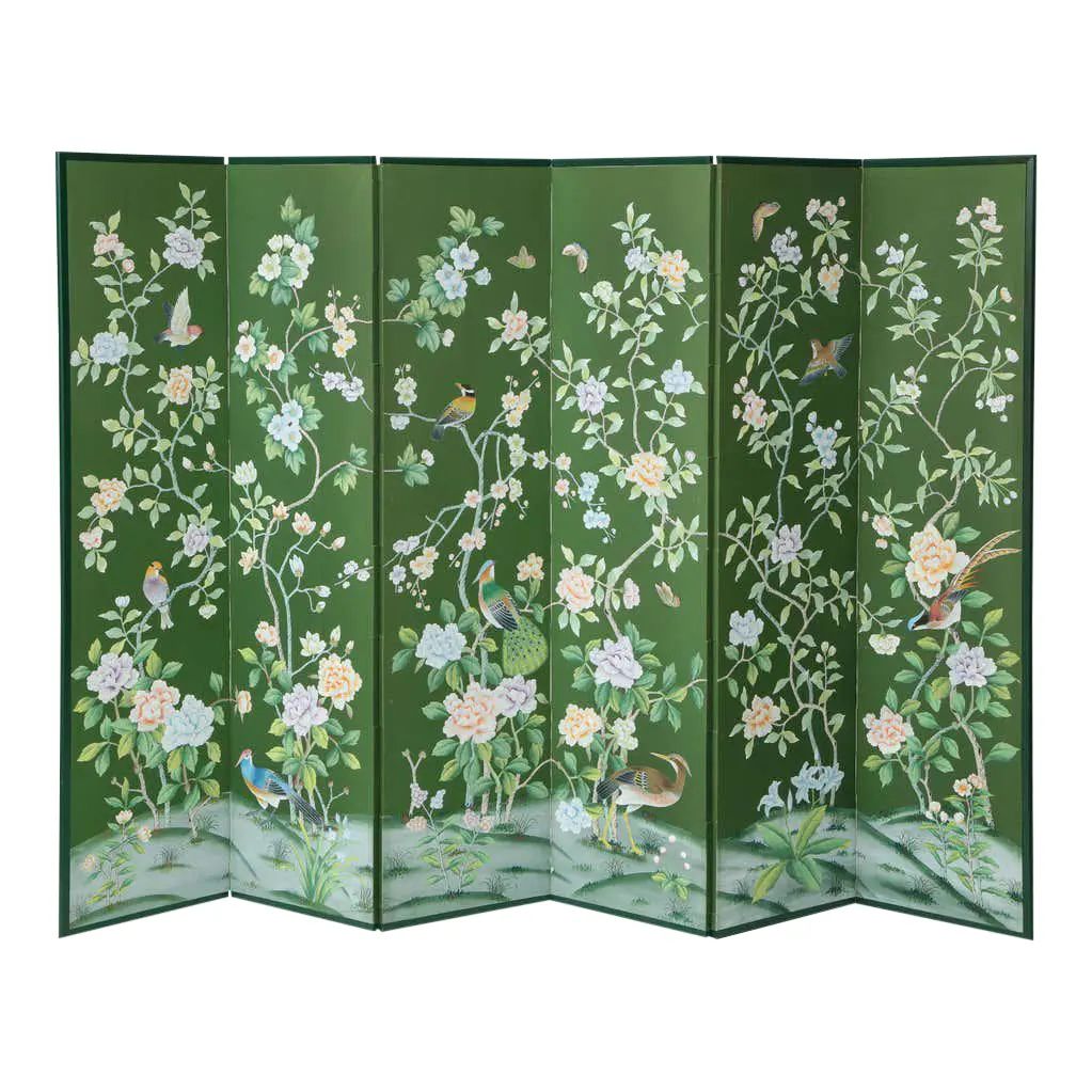 Green Chinoiserie Six-Panel Hand-Decorated Screen | Chairish