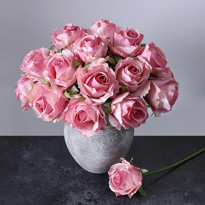 Ivydale 18pcs Pink Roses Artificial Flowers, Fake Roses Silk Flowers with Stems Realistic Bouquet... | Amazon (US)