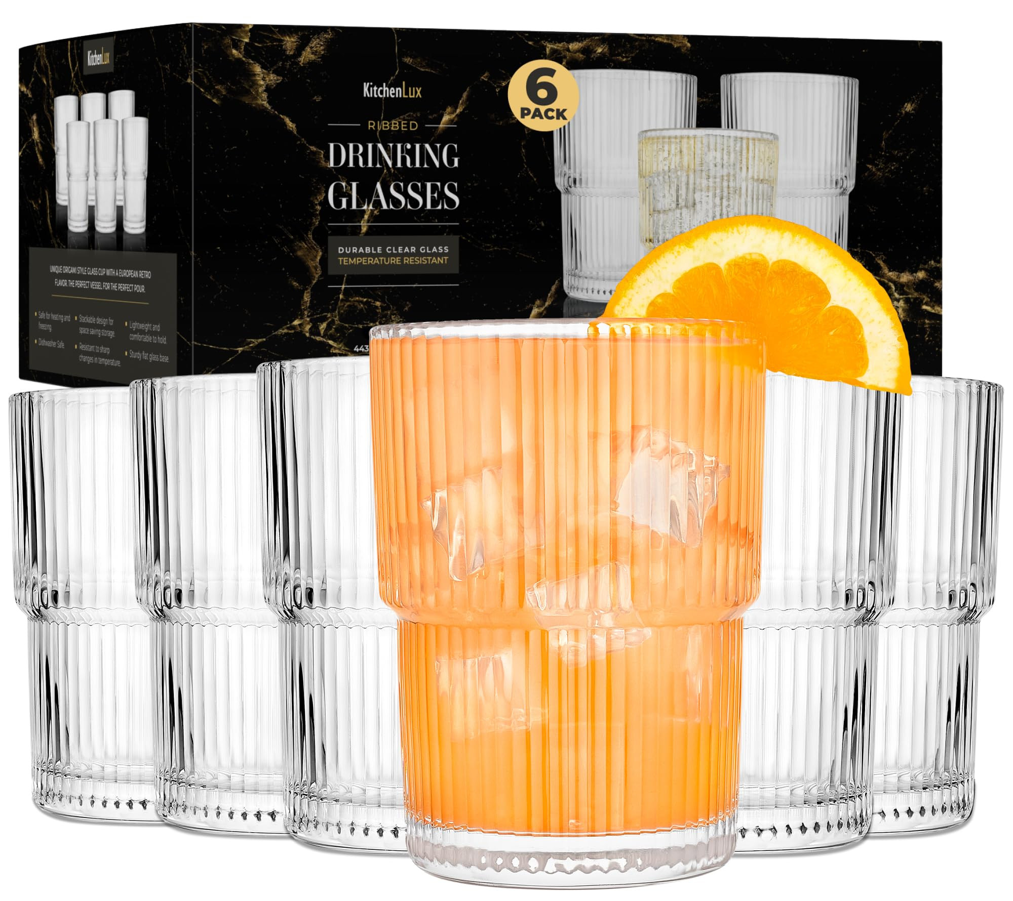 Ribbed Drinking Glasses - Ribbed Glass Cups 15 oz - Ribbed Glassware Set of 6 - Textured Vintage Retro Ripple Aesthetic Glass Ware for Whiskey Cocktail Beer Water, Coffee Bar Accessories | Amazon (US)