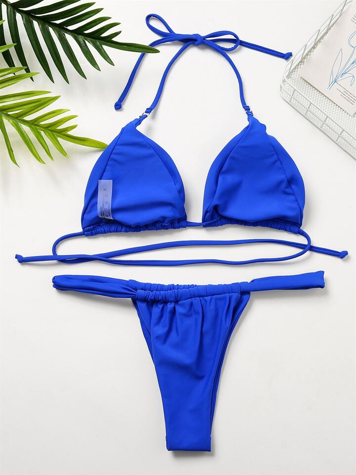 SHEIN Swim Summer Beach Mono Bikini Set Halter Micro Triangle Bra Top & Thong 2 Piece Bathing Suit | SHEIN
