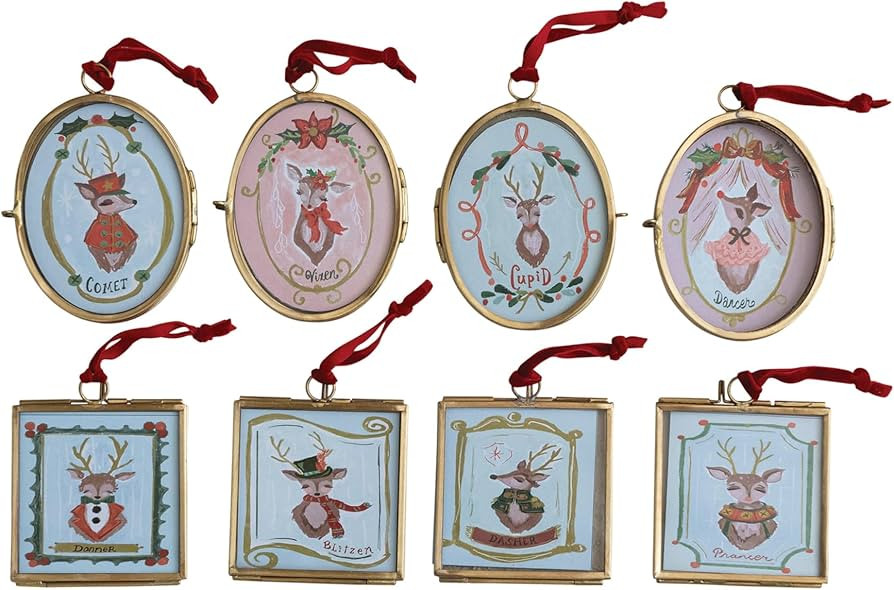 Creative Co-Op Glass and Metal Photo Frame Ornament with Santa's Reindeer and Velvet Ribbon, Mult... | Amazon (US)