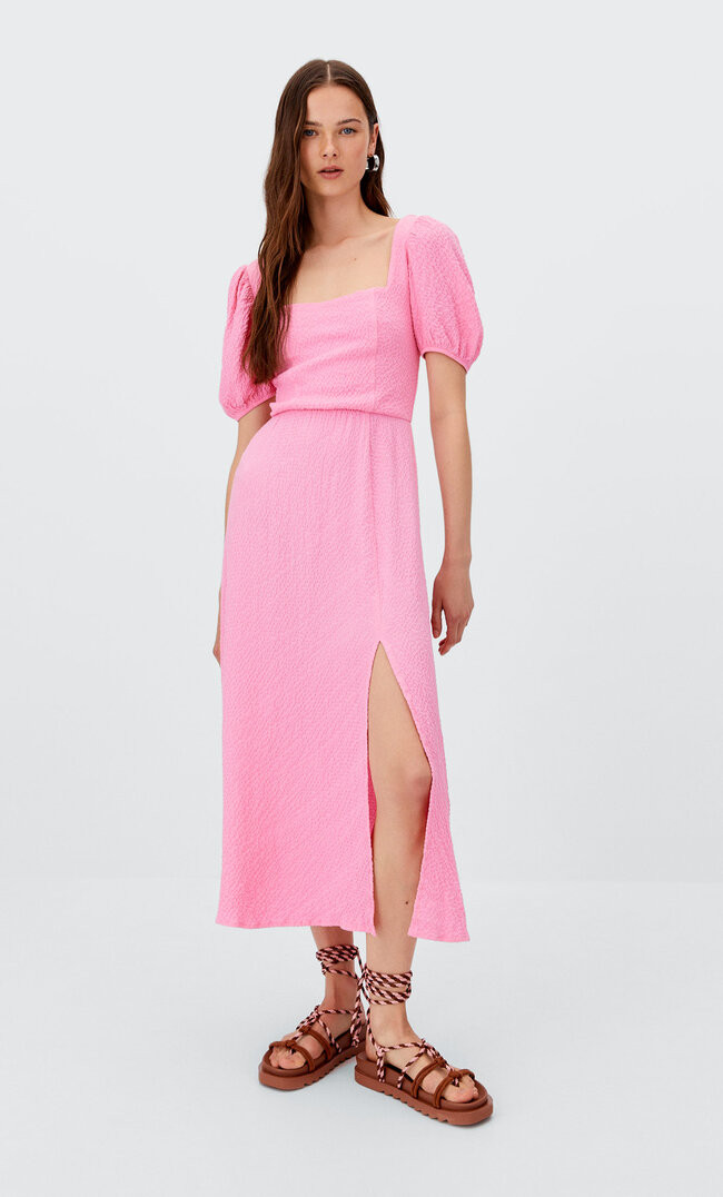 Midi dress with tied back - Women's fashion | Stradivarius United Kingdom | Stradivarius (UK)