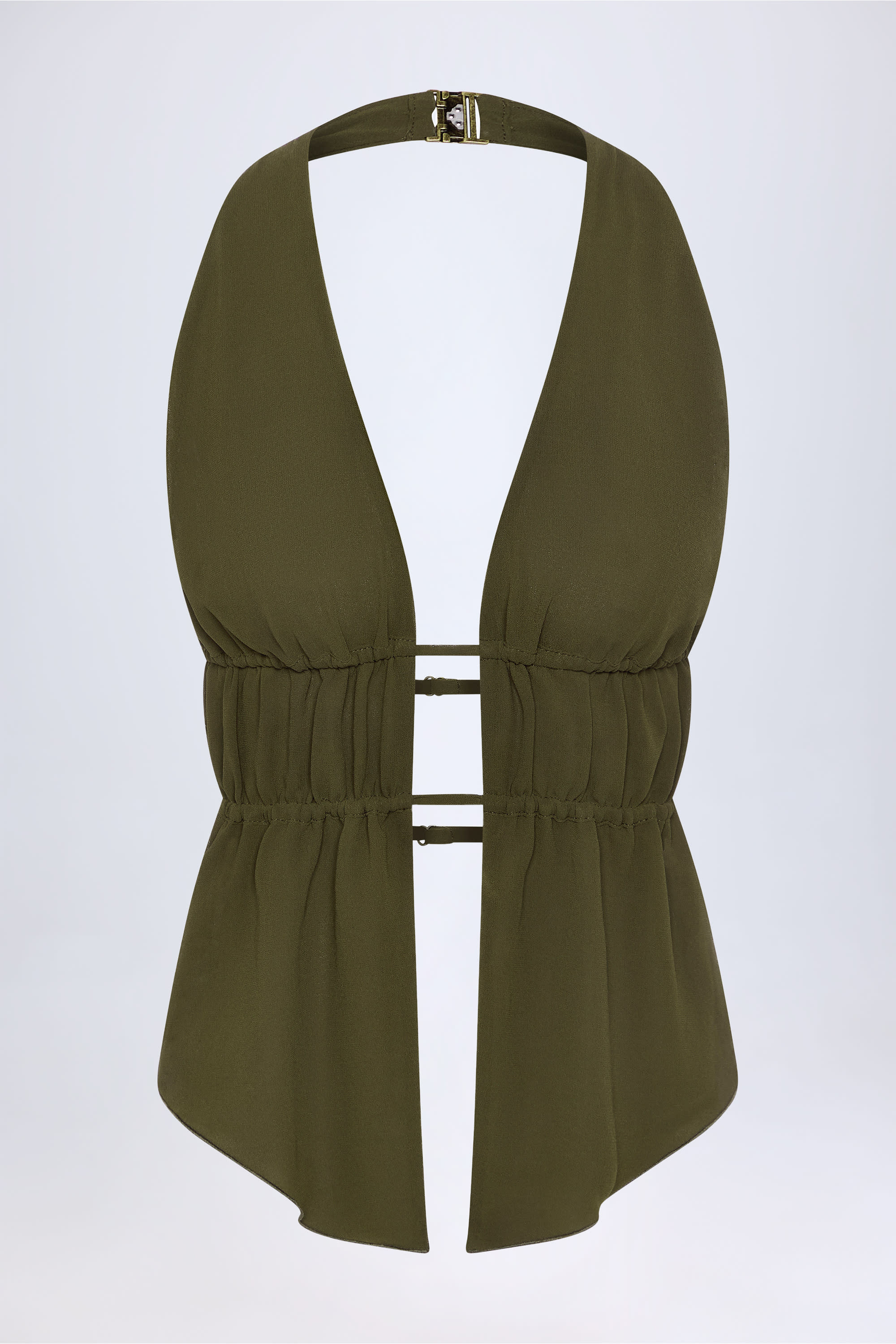Cut-Out Semi-Sheer Ruched Halterneck Crop Top in Dark Khaki | Oh Polly