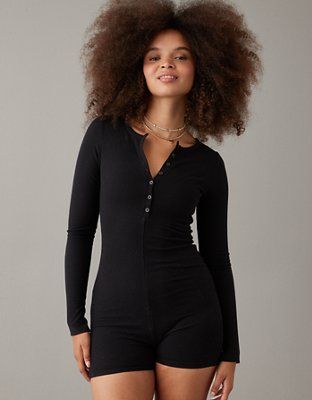 AE Long-Sleeve Knit Henley Onesie | American Eagle Outfitters (US & CA)