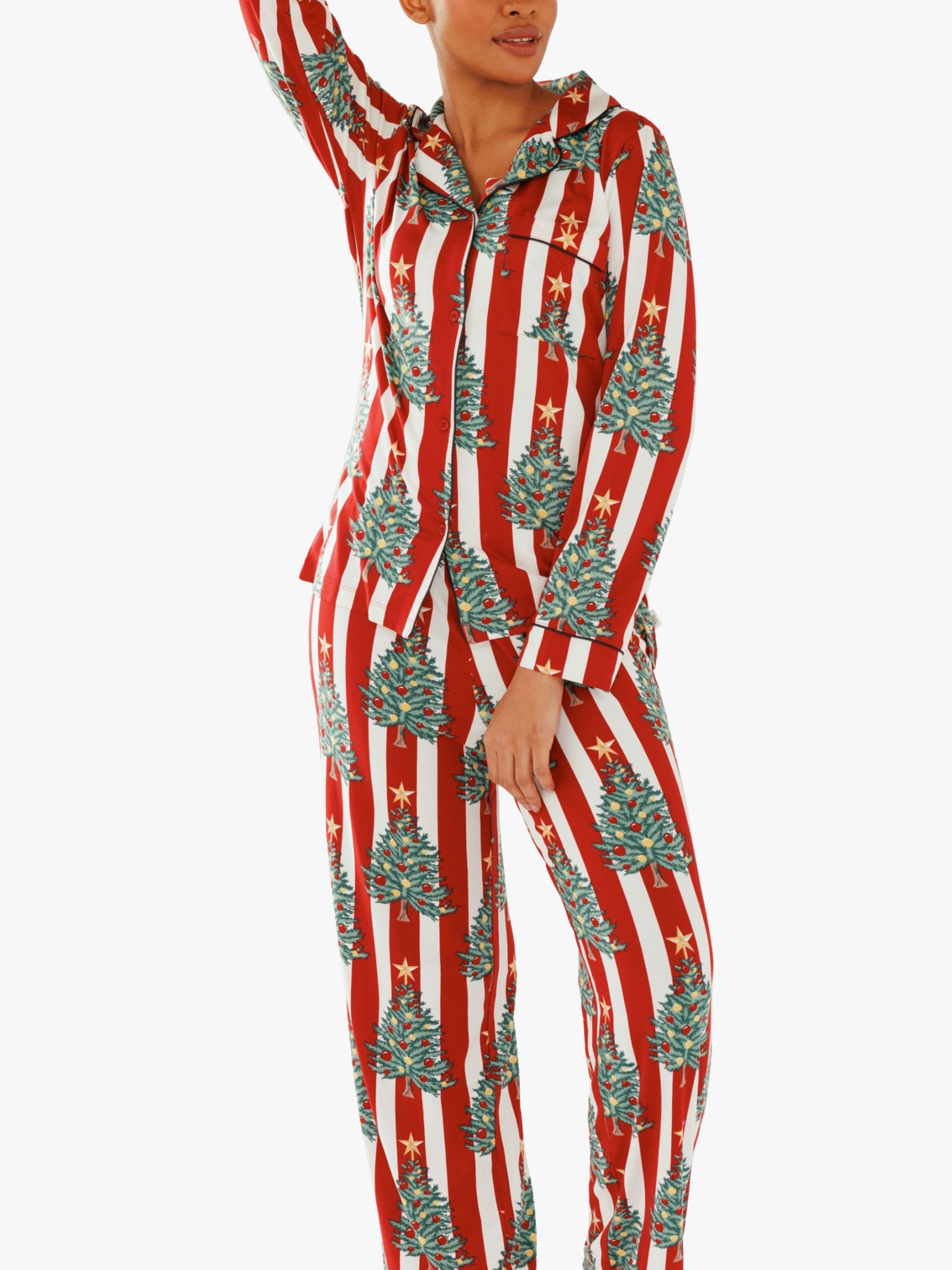 Chelsea Peers Stripe Christmas Trees Shirt Pyjama Set, Red | John Lewis (UK)