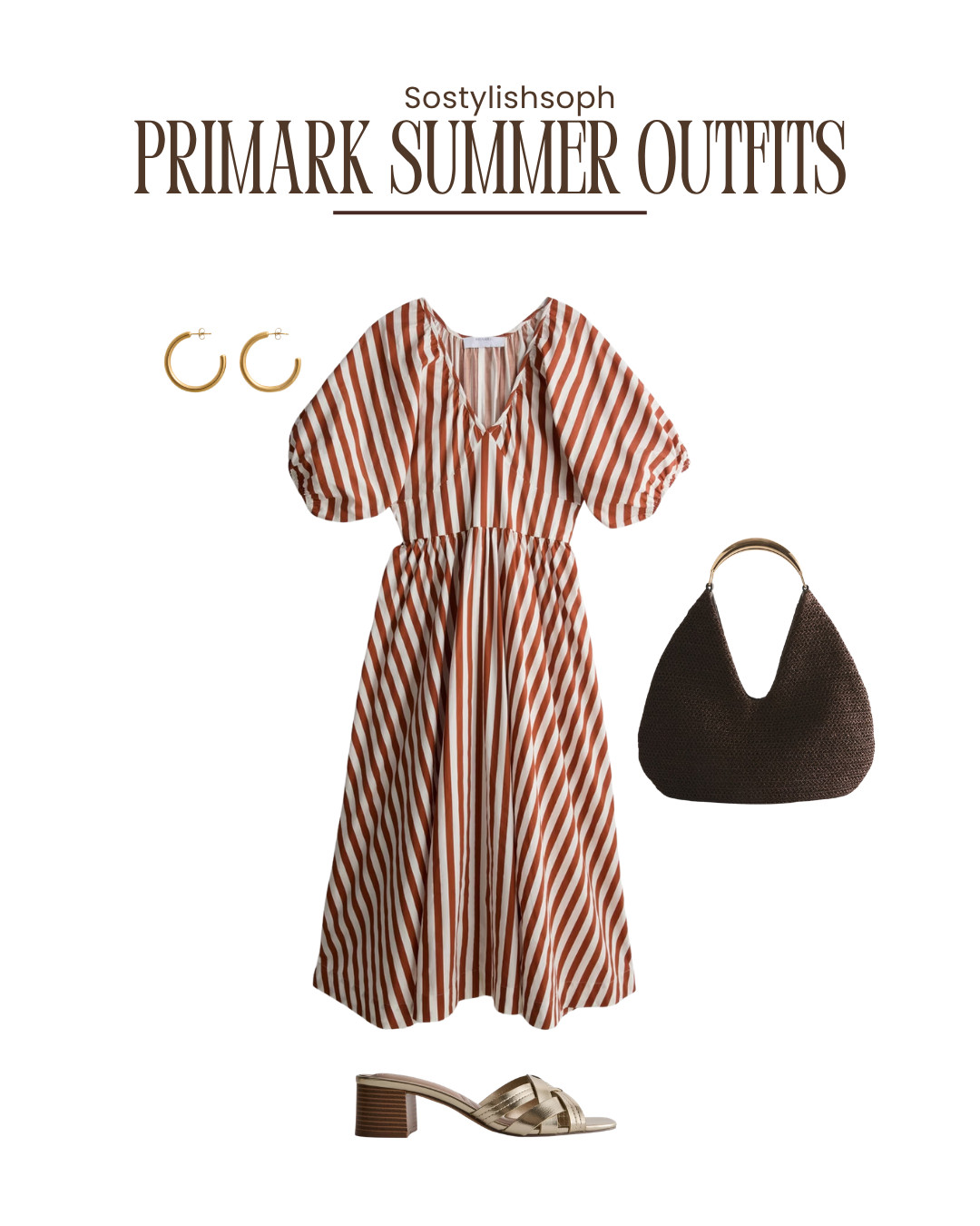 primark summer outfits, summer dress, striped midi dress, rust striped dress, brown and cream dress, puff sleeve dress, casual summer outfit, daytime outfit inspiration, neutral summer style, woven shoulder bag, brown handbag, gold hoop earrings, metallic heeled sandals, block heel mules, effortless summer look, chic everyday outfit, warm tone outfit, minimalist fashion post 

 #LTKuk #LTKspring #LTKsummer
