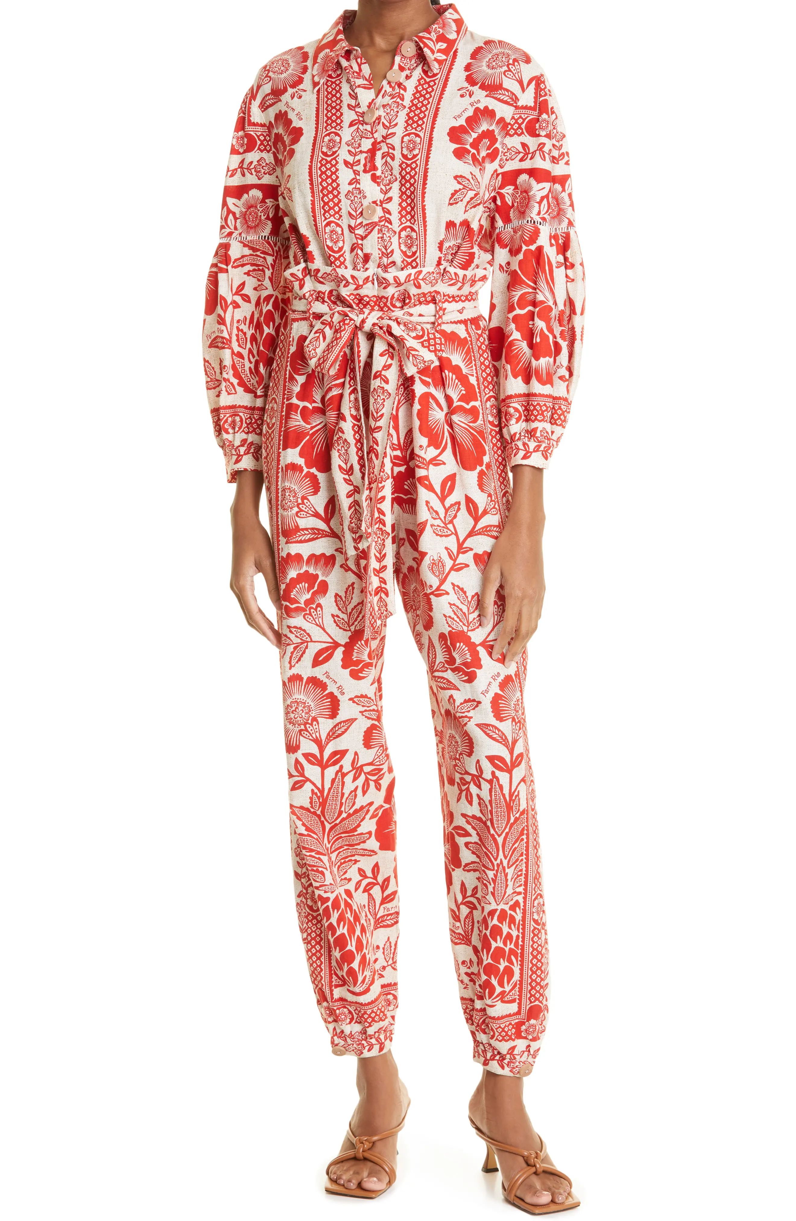 FARM Rio Pineapple Garden Long Sleeve Linen Blend Jumpsuit in Red at Nordstrom, Size Medium | Nordstrom