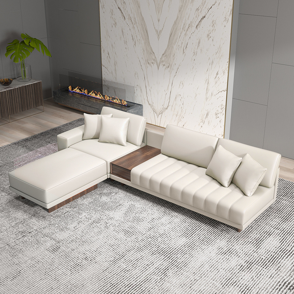Leather L-Shaped 126" White Modular Sectional Sofa with Storage Side Table and Ottoman | Homary