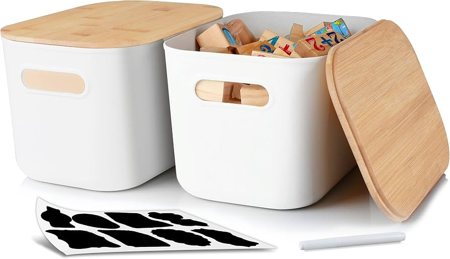 Citylife 2 PCS Storage Bins with Bamboo Lids Plastic Storage Containers for Organizing Stackable ... | Amazon (US)