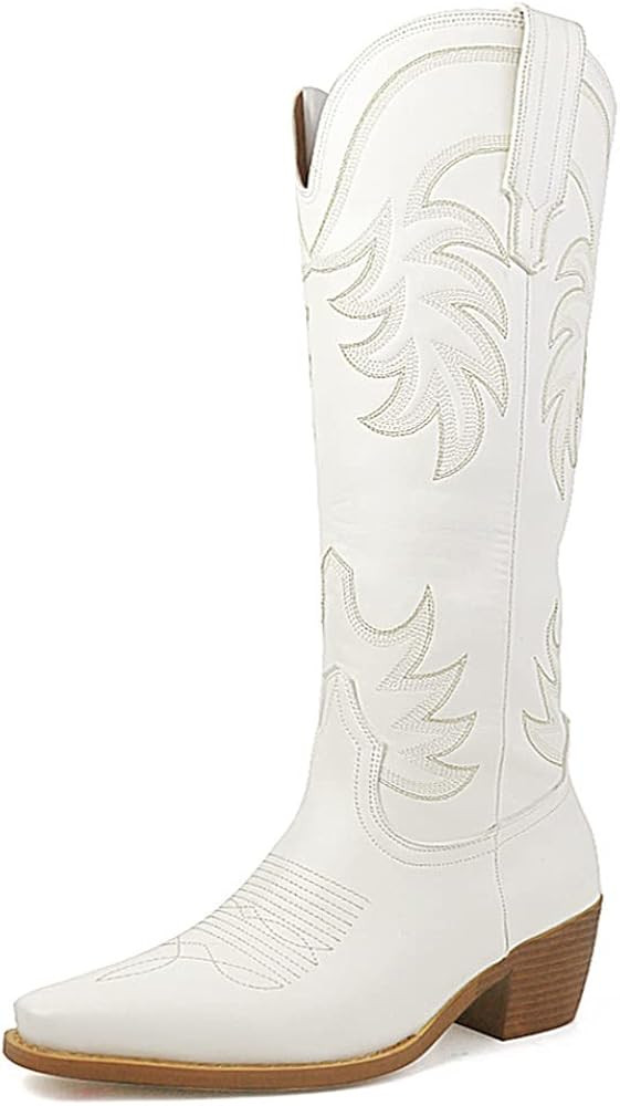 Erocalli White Cowgirl Boot Western Cowboy Mid Calf Boots for Women Embroidered Pull-on Chunky Stack | Amazon (US)