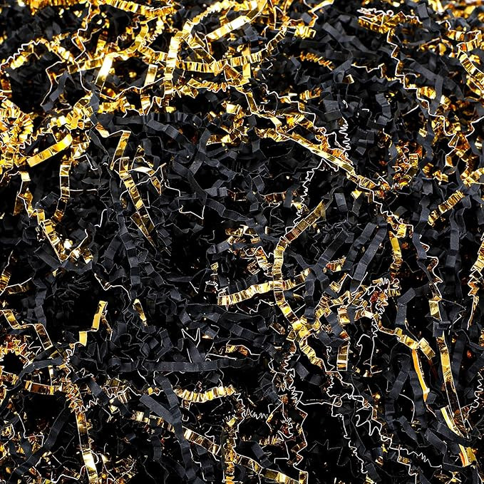 Outus 1 LB Black Gold Crinkle Cut Paper Shred Filler Metallic Shredded Papers Confetti Gift Boxes... | Amazon (US)