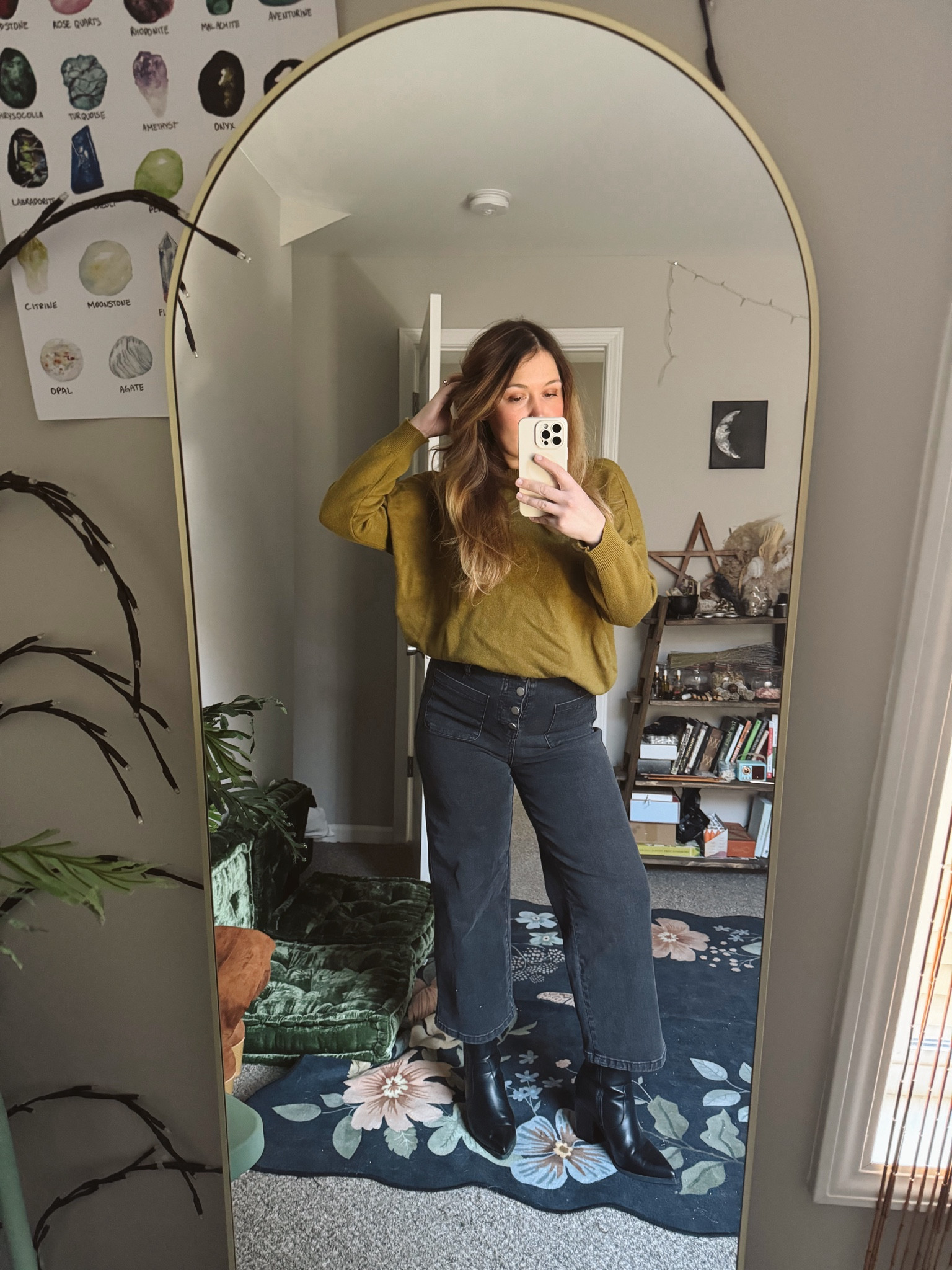 cannot find a good chartruese sweater to link, so found a mustard and a green one instead 🖤