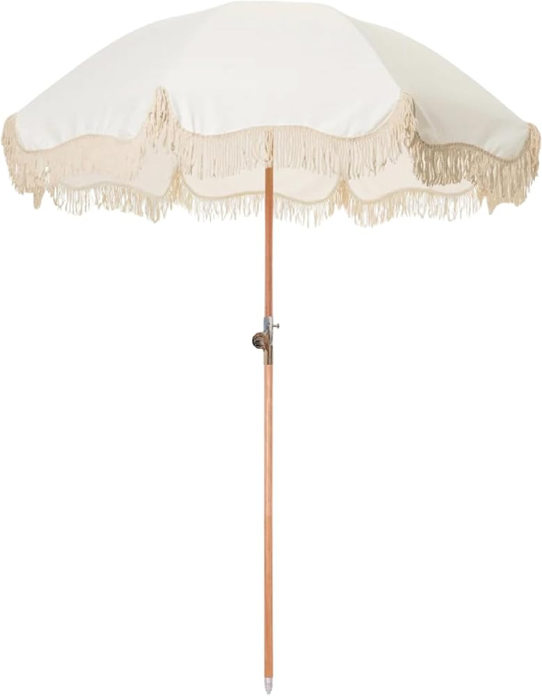 Amazon.com : The Beach Bums of Cape Town Beach Umbrella for Sand with Fringe \u2013 Luxury Boho Outdoor Umbrella for Beach, Pool, Garden, UPF 50+ Wood Shaft Metal Fittings Round with Carry Bag From (White) : Patio, Lawn & Garden | Amazon (US)