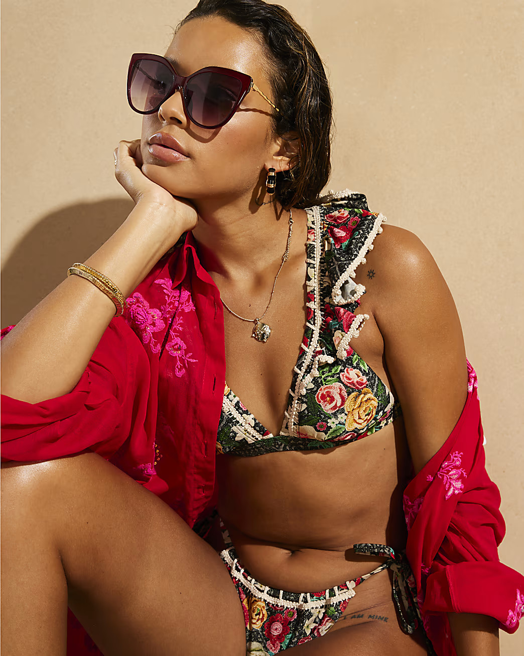 Black Del Maar Floral Triangle Bikini Top | River Island UK & IE