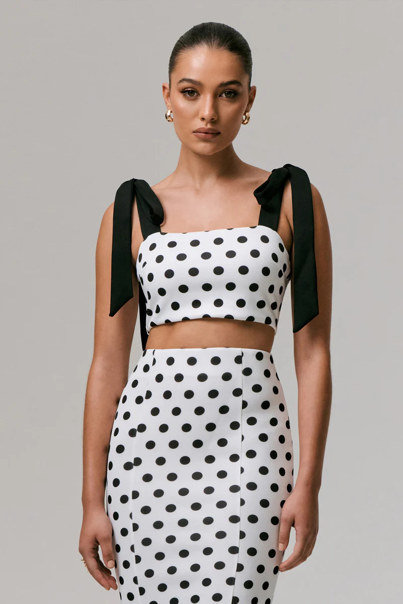 Phoebe | Black & White Polka Dot Crop Top With Tie Straps Tie | Club L London
