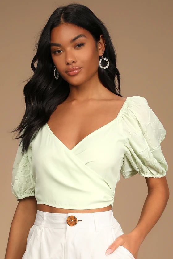 Sweet for You Mint Green Puff Sleeve Wrap Crop Top | Lulus (US)