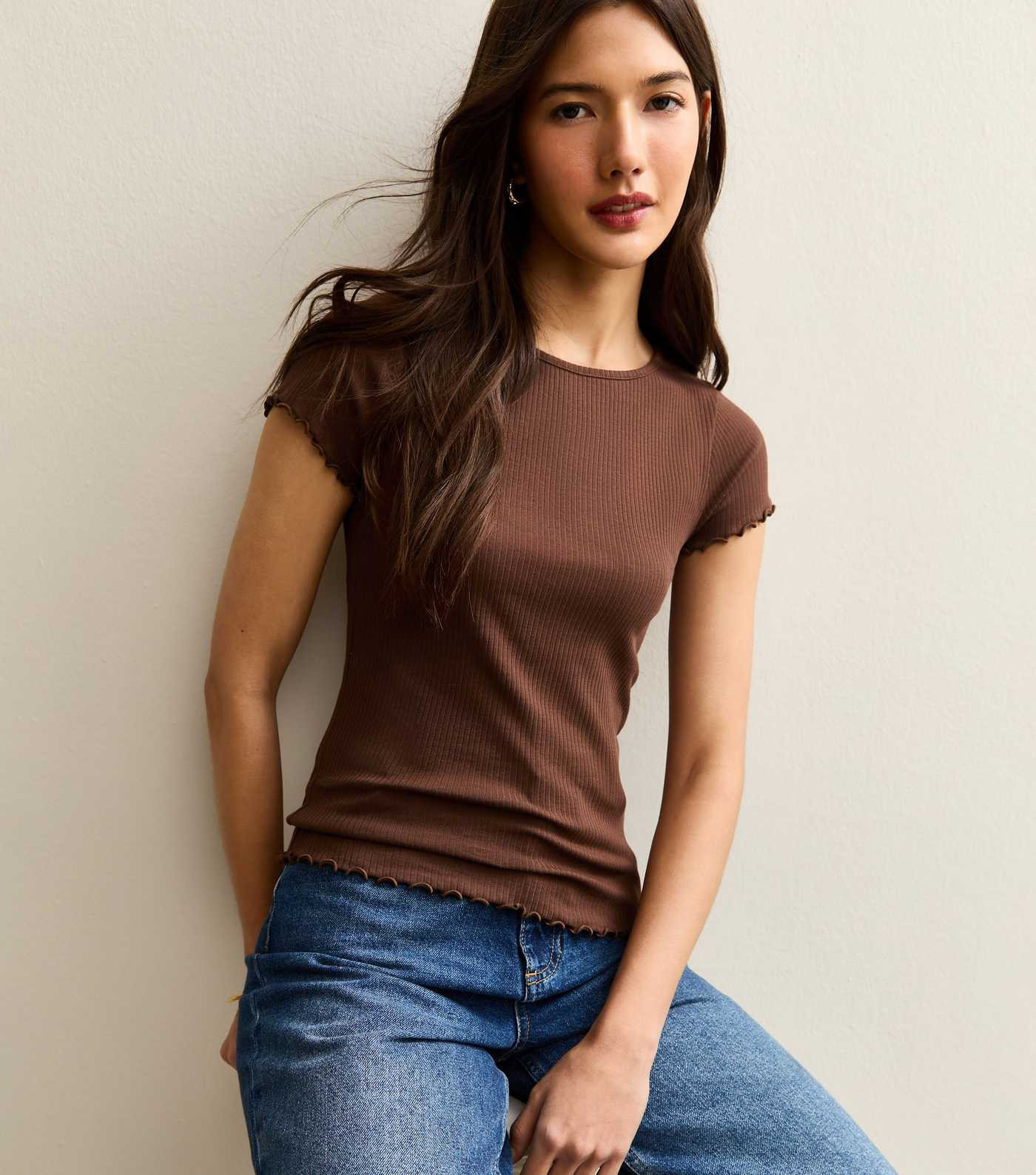 Dark Brown Short Sleeve Frilly Trimmed Top | New Look | New Look (UK)